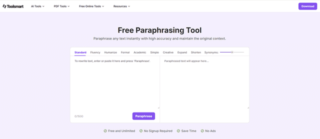 Toolsmart Free Paraphrasing Tool screenshot 1