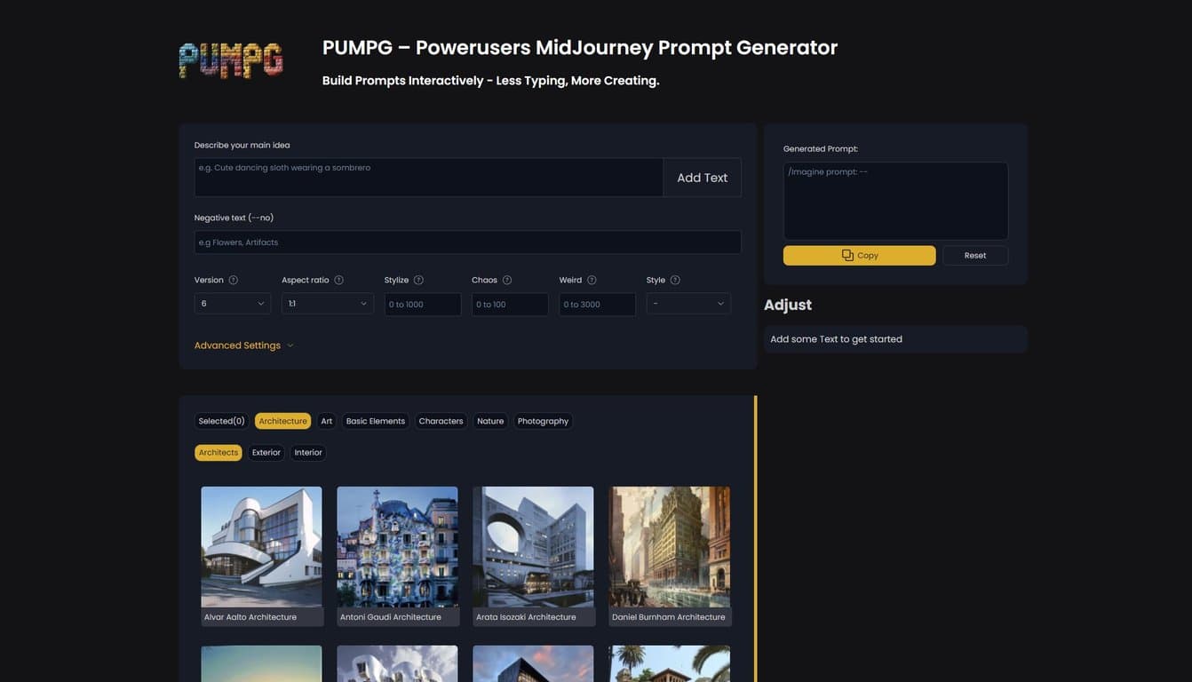 PUMPG Midjourney Prompt Generator screenshot