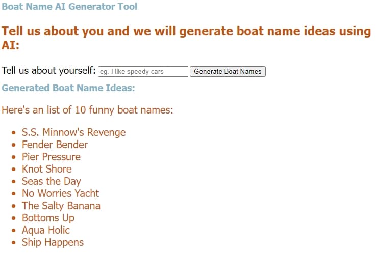 AI Boat Name Generator screenshot